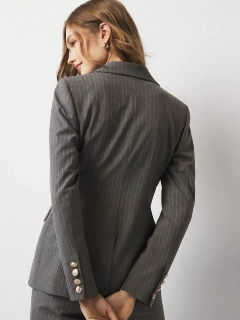 White House Black Market | Gray & Pale Pink Pinstripe Blazer | Affordable Luxury